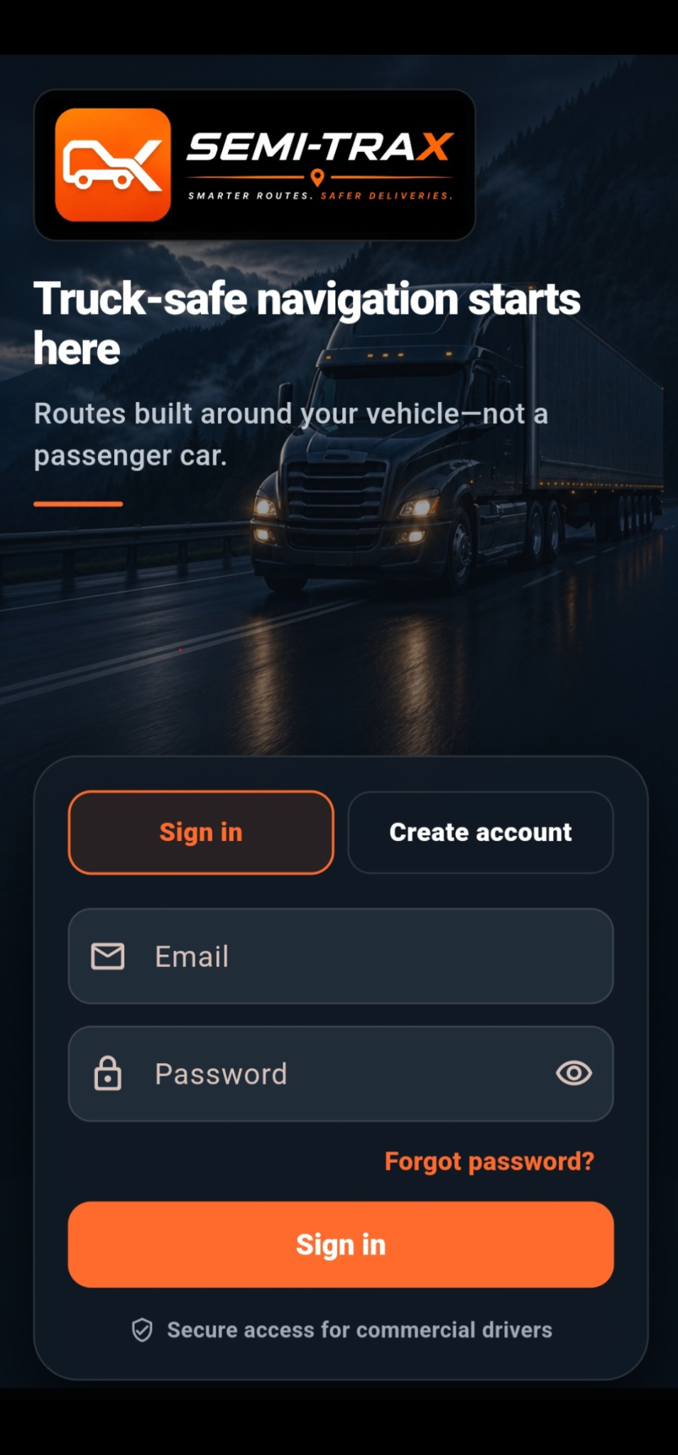 Semi-Trax mobile app sign-in screen